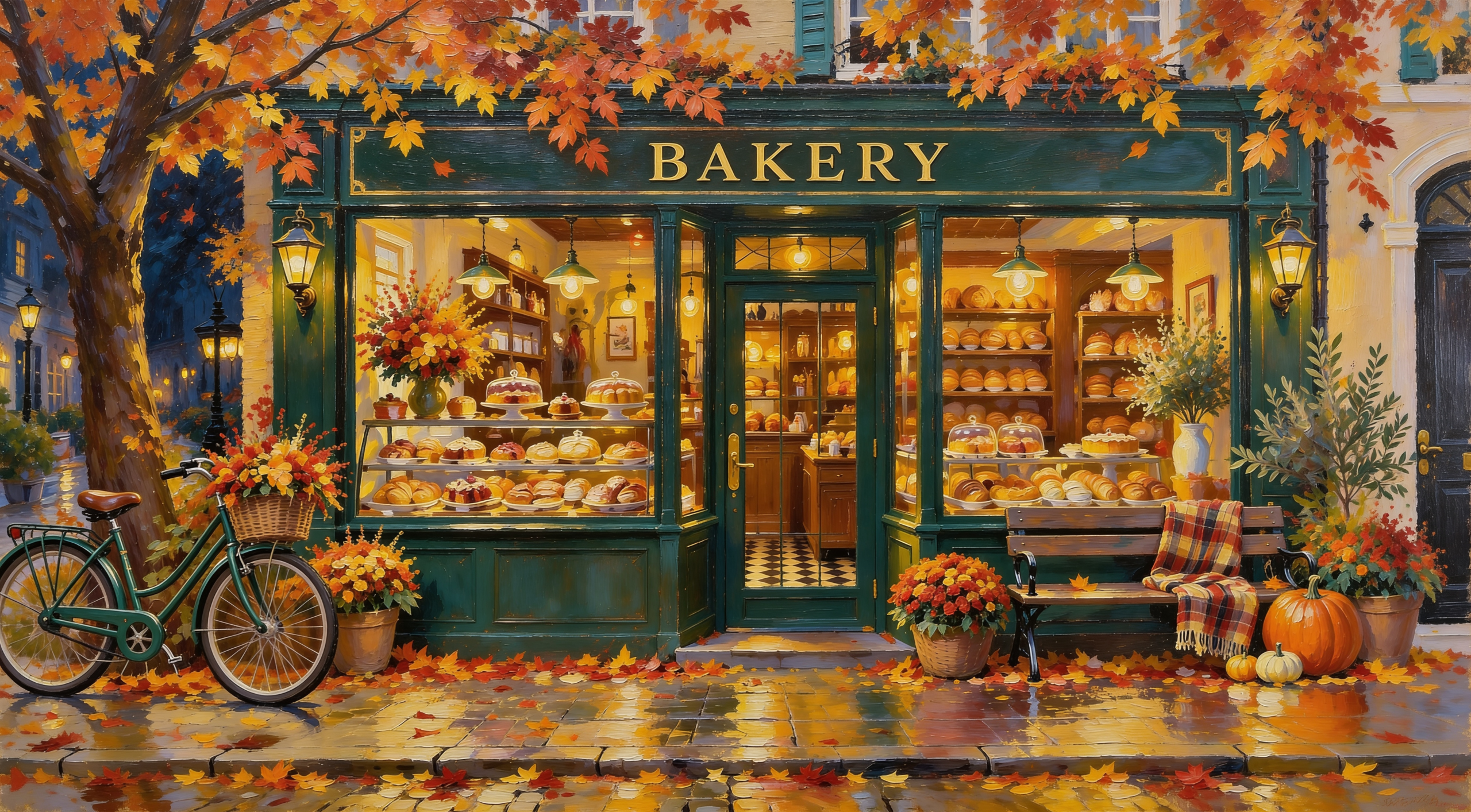 An autumn bakery with warm window light