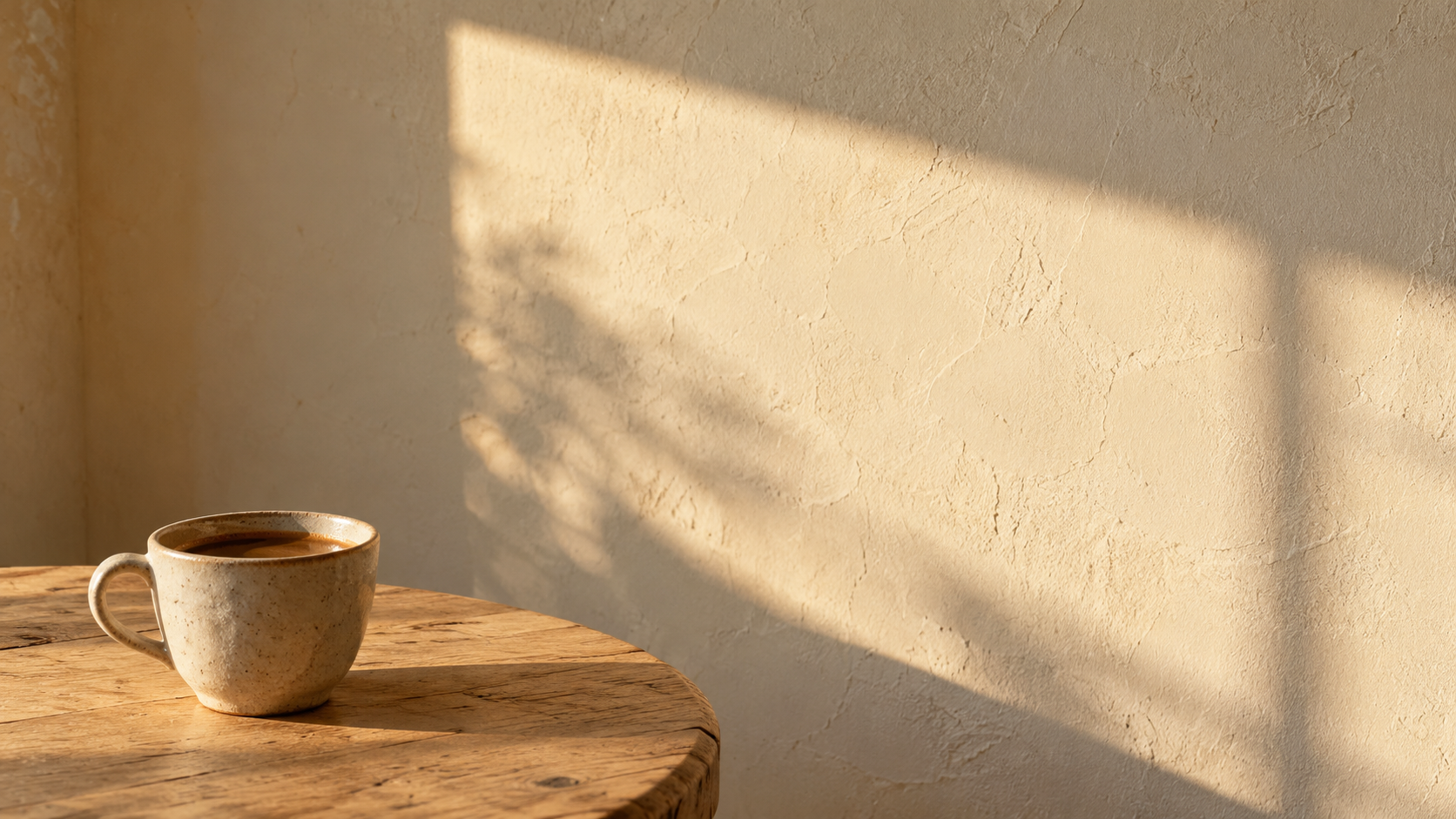 Morning sunlight on a wall beside a ceramic coffee cup